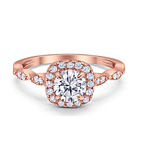 Blue Apple Co. Art Deco Wedding Engagement Ring Round Rose Tone Simulated Cubic Zirconia Solid 925 Sterling Silver Size-7