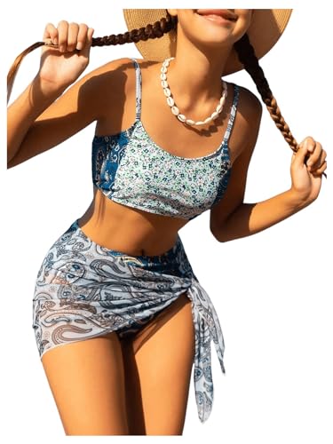 Image of SHENHE Girl's 3 Piece Swimsuit Floral High Waisted Paisley Print Bikini Set with Cover Up Sarong Green 14Y