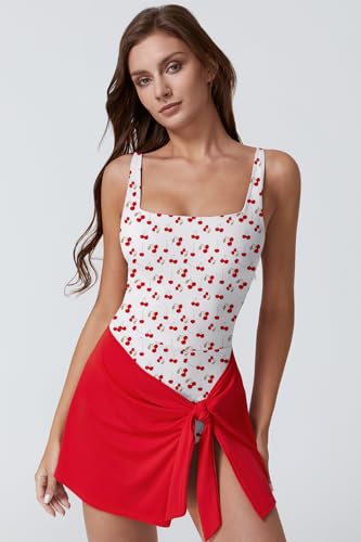 Image of QINSEN Square Neck Swim Dress for Women Tummy Control One Piece Swimsuit Wrap Bathing Suit