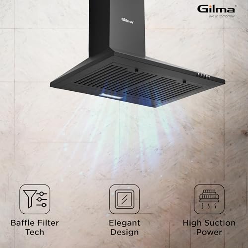 Image of Gilma 60 cm Baffle Filter Chimney | Black Matte | Push Button Control | 3 Speed | LED | Lifetime on Motor, 2 Yrs Comprehensive Warranty by Gilma | Eva 60