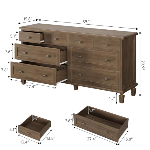 Garvee 8 Drawer Dresser for Bedroom, Vintage 59" Long Dresser TV Stand with Carved Handles and Tapered Legs, Wood Chests of Drawers with Large Capacity, Light Brown - image 2