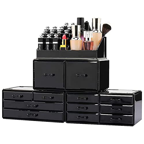 display4top Acrylic Makeup Organizers, 4 Pieces Cosmetic Display Cases with 12 Drawers for Lipstick and Jewerly, Great Vanity, Dresser, Bathroom Organizer (Black)