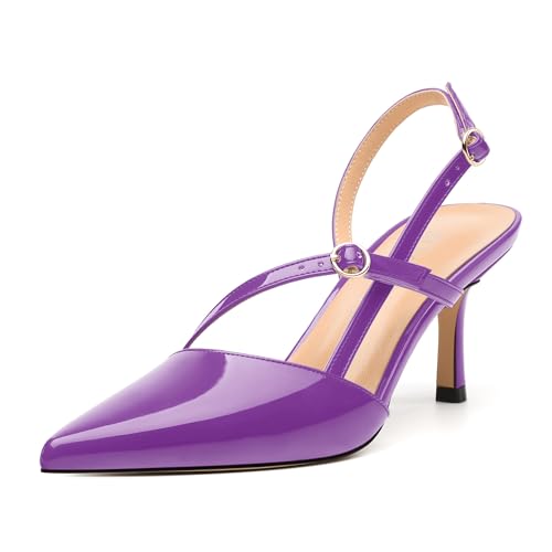 Women's Pumps, Pointed Toe Mid Heels, Fashion Buckle Slingback Pump, Solid Patent High Heel Shoes for Women
