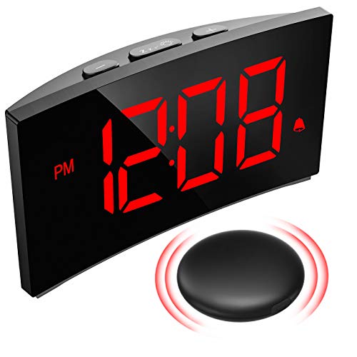 PICTEK Wireless Bed Shaker Alarm Clock for Heavy Sleepers, Vibrating Alarm Clock for the Deaf, 3 Alarm Sounds, 6 Dimmer, Loud Digital Clock for Kids Bedroom and Hearing Impaired, Clear Red Display