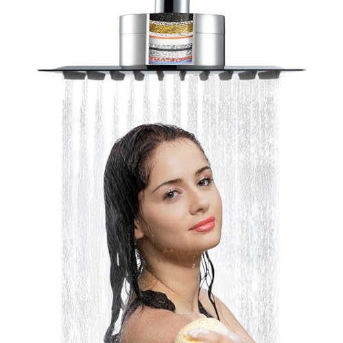 12 Inch Rainfall Shower Head with Filter High Pressure Square Stainless Steel Shower Head with 5-Stage Filtration, Self-Cleaning Nozzles, Universal Wall/Ceiling Mount Waterfall Rain Fall Showerhead