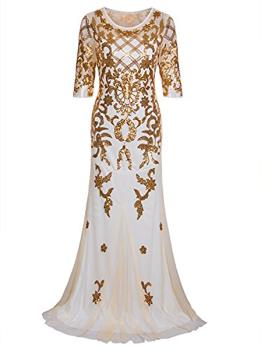 Vijiv Women's 1920s Long Wedding Prom Sequined Mermaid Evening Formal Dress With Sleeves,Beige Gold,Small : Clothing, Shoes & Jewelry