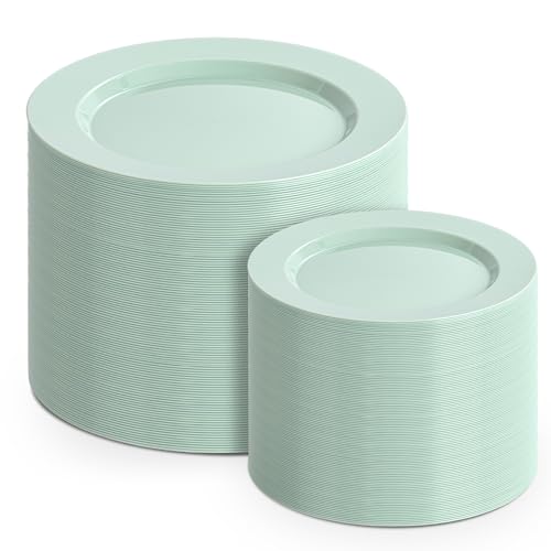 FLOWERCAT 200PCS Sage Green Plastic Plates Disposable Plates for Party - Elegant Plastic Plates - 10 &7 Plate for 100 Guests Parties & Wedding & Events
