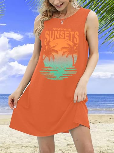 Image of MYHALF Summer Tank Dress for Women Sleeveless Beach Vacation Sundress Short Coconut Tree Sun Dress Casual Coverup