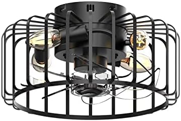 13'' Low Profile Small Flush Mount Farmhouse Industrial Caged Ceiling Fan with Lights, 6 Speed Bladeless Black Ceiling Fan with Remote Control for Living Room, Bedroom, Kitchen (Black)