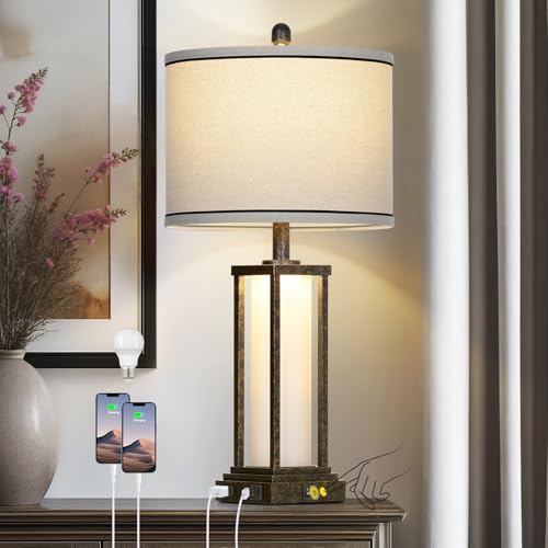 Cinkeda 27" Tall Vintage Table Lamp with USB C+A & Outlet,Bronze Industrial End Table Lamp for Living Room,Farmhouse Rustic Bedside Lamp with Frosted Glass Night Light for Bedroom Nightstand,Bronze-1P by Cinkeda - Used condition - US$51.51