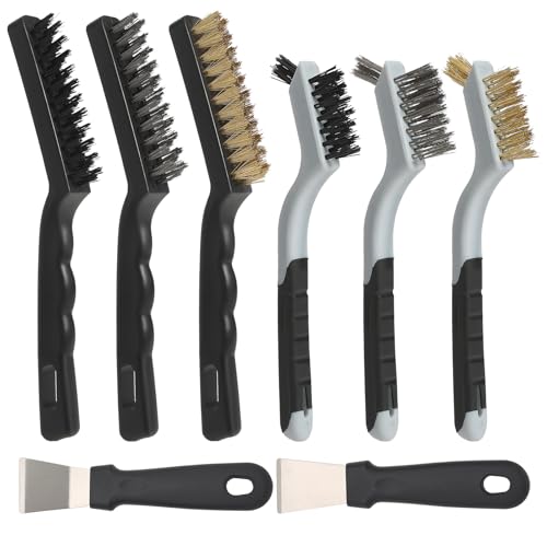 Image of VASTOOLS 8 Pack Wire Brush & Scraper Set, 7 inch+9 inch Brass /Stainless Steel /Nylon Brushes with Stiff Putty Knives for Rust, Paint, Grease Removal, Metal, Tile, Concrete & Household Cleaning