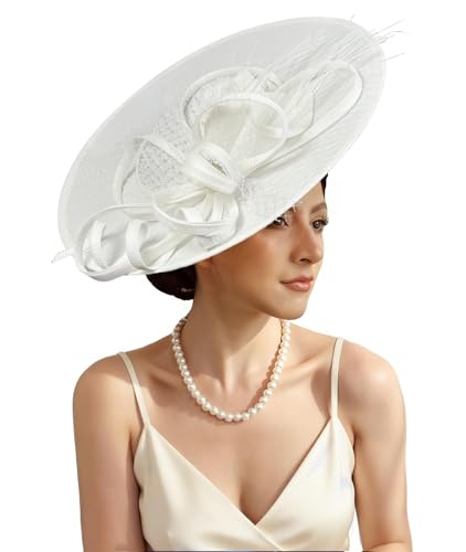 Unpifolov Fascinators Hats Elegant Women Flower Mesh Feathers Headband Wedding Cocktail Bride Party Wide Brim Headwear for Derby Hat Tea Party M17 White