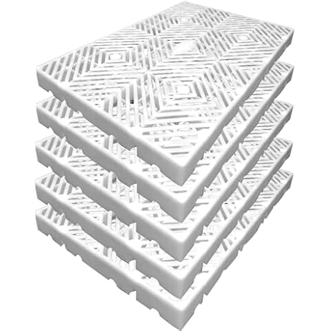 LXSEHN Plastic Pallet, 5pcs 23.6x15.7x2IN White Waterproof Storage Grid Pad, Lightweight Nestable Floor Pallets, HDPE Breathable Grids Article Racks for Garage Supermarket Basement Cover