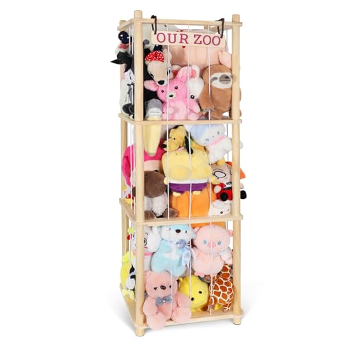 Fuilee Extra Large Stuffed Animal Storage for Corner Organizer,Premium Wooden Material with Elastic Cord Hold Up to 200 Plush Toys,Stuffed Zoo Animal Holder and Collection for Playroom-Birthday