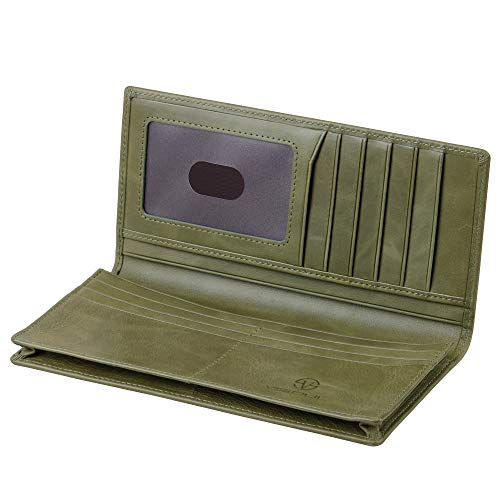 Image of VISOUL Leather Checkbook Cover Wallet for Men with RFID Blocking, Mens Long Bifold Cash Tall Wallet with 11 Credit Card Slots 1 ID Window (Olive Green)