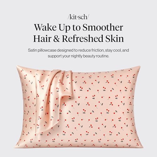 Image of Kitsch Satin Pillowcase with Zipper for Hair & Skin - Softer Than Silk Pillow Cases, Smooth Cooling Satin Pillow Case, Wrinkle-Free, Machine Washable, Pillow Cases Standard Size 19x26 - Cherry Print