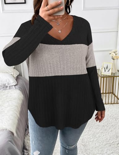 Image of Koscacy Women Plus Size Casual Knit Sweater V Neck Solid Color Tops Lightweight Long Sleeve Blouses