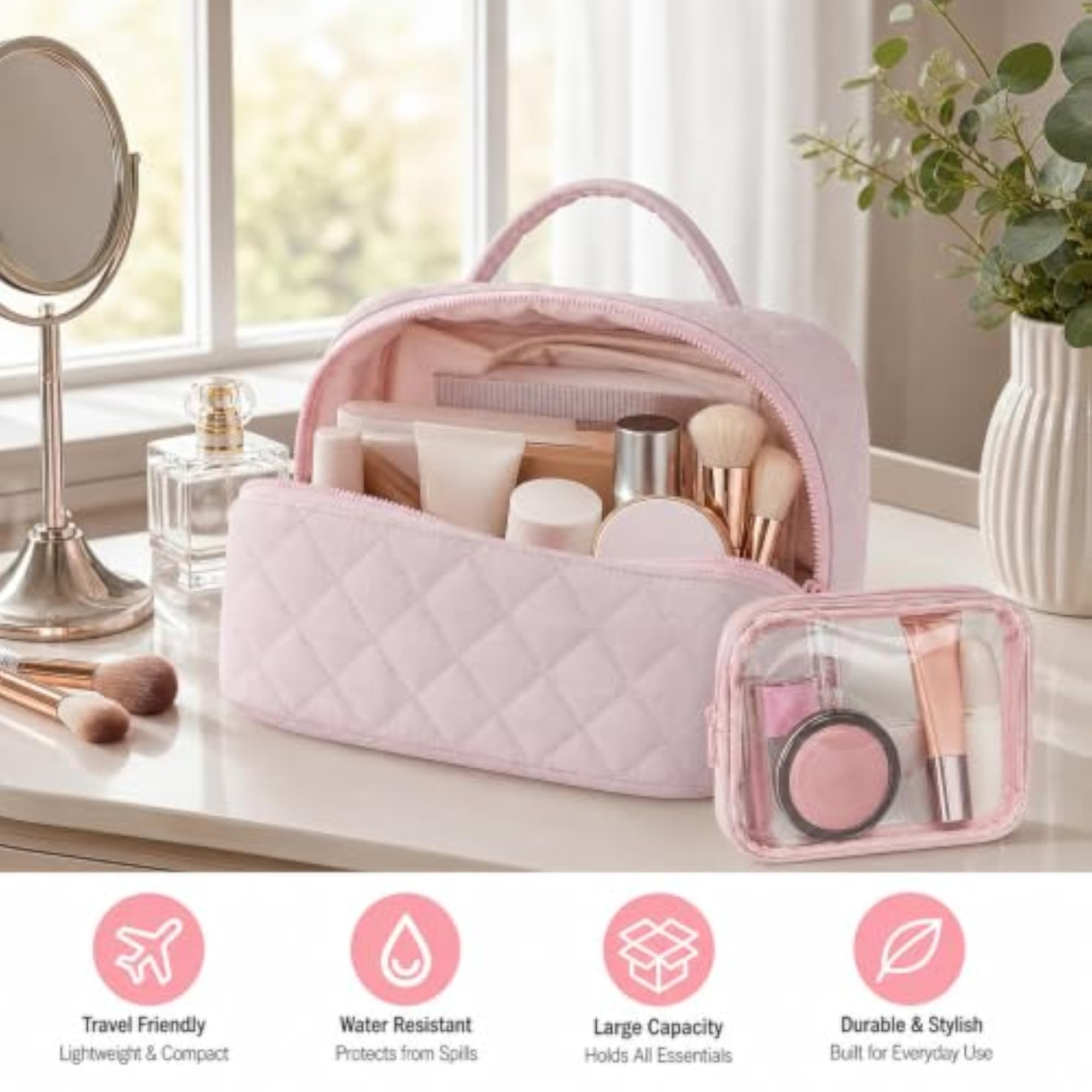 Large Capacity Makeup Organizer Bag with Small Pouch, Pink