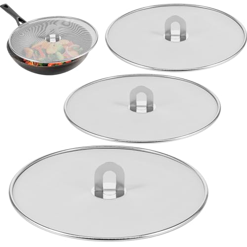 Splatter Screen for Cooking, 3Pcs Splatter Guard Proof Oil Splatter Cover with Foldable Handle Stainless Steel Frying Pan Mesh Oil Proofing Lids for Kitchen Cooking (9.8