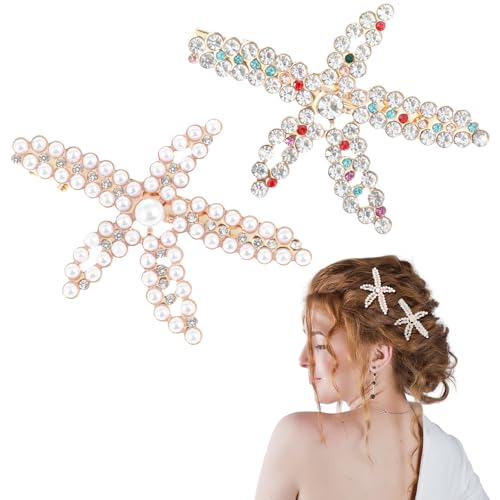 2 PCS Starfish Hair Accessories Gold Rhinestone Pearls Crystal Rhinestone Hairs Clip Gold Mermaid Hair Clips Seashell Clips for Hairs for Women Girls Halloween Beach Costume Bride (2.56' × 1.85')