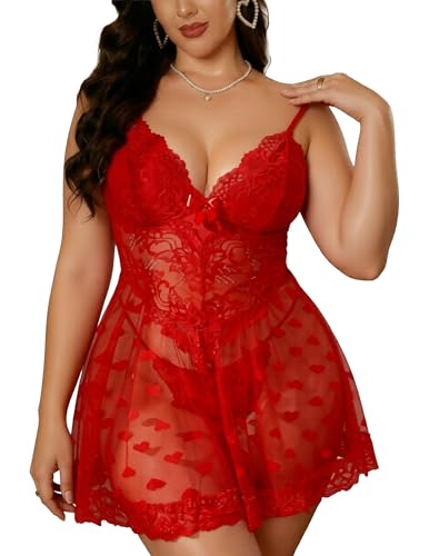 Image of Alrovetoney Women Plus Size Babydoll Lingerie Lace Chemise Mesh Sleepwear Strappy Sexy Nightgown Boudoir Outfit L-4XL