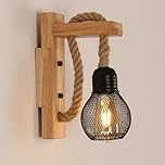 Pheashine Wooden Wall Light Indoor, Industrial Wall Light Sconce with Hemp Rope, Metal Black Wall Lamp with E27 Socket for Living Room, Bedroom, Hallway, Corridor, Cafe Bar