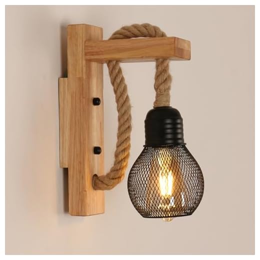 Pheashine Applique Murale Rustique Bois Lampe Murale Vintage Rétro, Abat-Jour en Cage en Métal Noir E27, Applique Murale Intérieure Bois en Corde de Chanvre pour Chambre, Salon (Sans Ampoules)