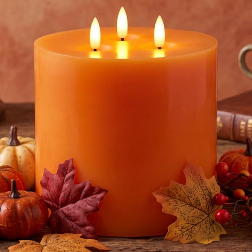Image of Retisee 2 Pack Orange Extra Large Flameless Candles 6 inch x 6 inch | LED Battery Operated, 3 Wicks Flickering Pillar Candle, Remote Control Timer, Wedding Christmas Party Decoration