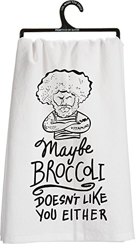 Primitives by Kathy Cotton Kitchen Towel, 28-Inch by 28-Inch, Broccoli Doesn't Like You Either