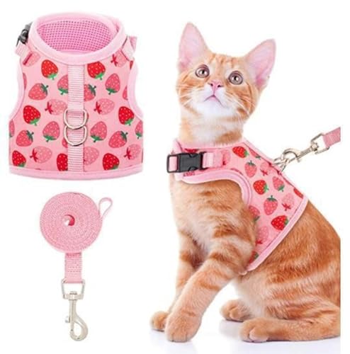 Cat Harness Leash Set with Collar,Pet Adjustable Vest Harness for Kitten Puppy Small Medium Large Cats_L(Strawberry)
