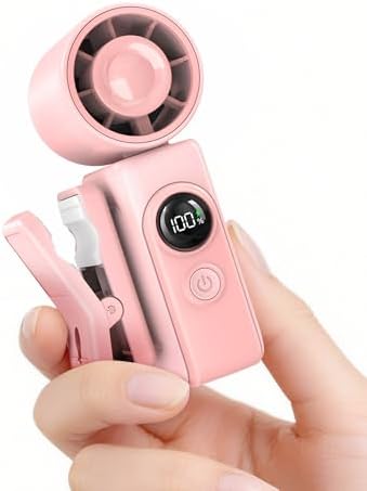 Portable Clip-On Mini Fan, Hands-Free, Turbo Personal Handheld Fans Rechargeable w/ 4 Wind & LED Display, Pocket Size Summer Cooling Essentials for Travel/Eye Lash/Beach/Concert, Gifts for Women(Pink)