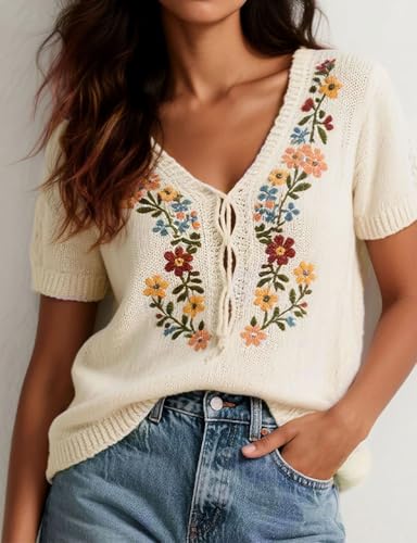 Mywinway Embroidered Knit Sweaters for Women Spring Summer V Neck Short Sleeve Crochet Pullover Knitted Blouses Tops4