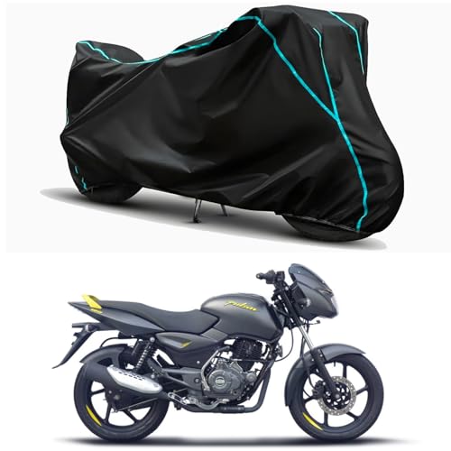 Image of Waterproof Bike Body Cover Compatible for | Bajaj Pulsar 150 Neon BS6 | Taffeta Fabric, Sky Piping Design, Bottom Elastic Fit | Dustproof, Sun UV & Rain Protection for All Weather.