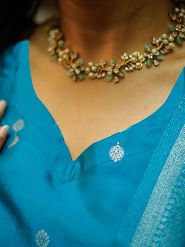 Image of ABTER Women's Teal Blue Kurta Pant Dupatta Set with Woven Border and Printed Motifs, Sky Blue Rasmalai Suit