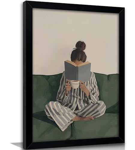 Framed Trendy Women Reading Book Wall Art Quiet Moment on The Sofa Art Prints Green...