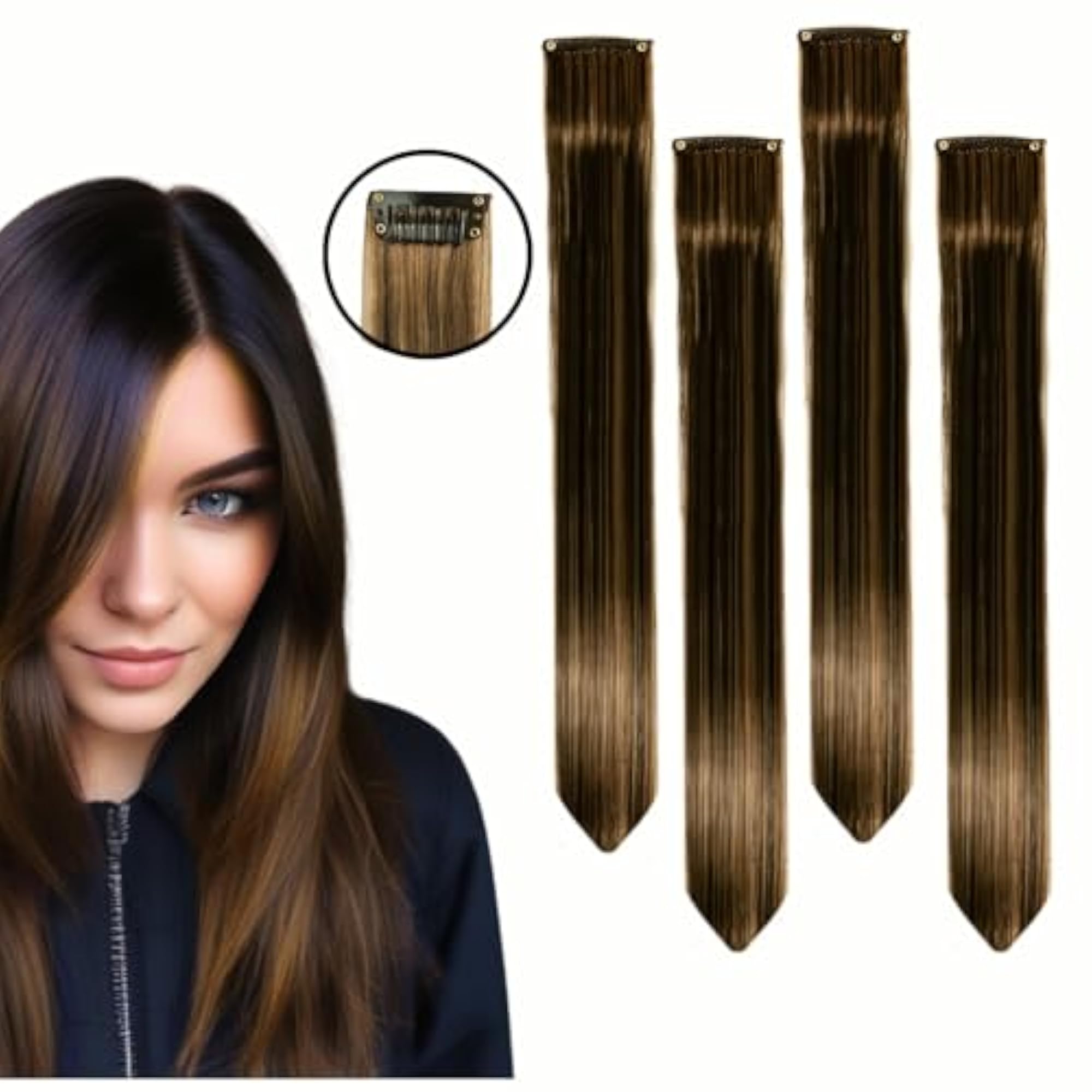 Brown with Golden Highlights Hair Extensions, 22 Inches