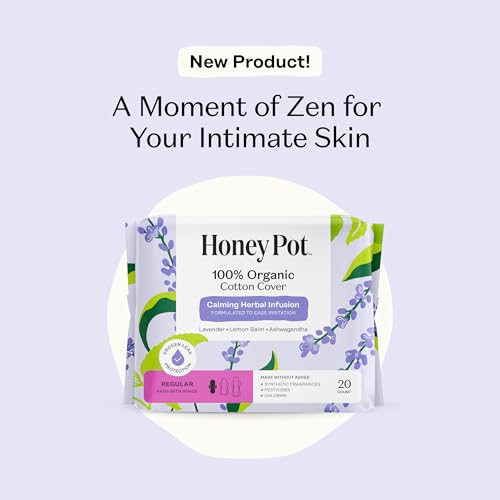 Image of Honey Pot - Calming Herbal Regular Sanitary Pads for Women - 100% Organic Cotton Top Sheet - Feminine Care - Non Cooling - Calming Herbs of Lavender, Ashwagandha, & Lemon Balm - 80ct