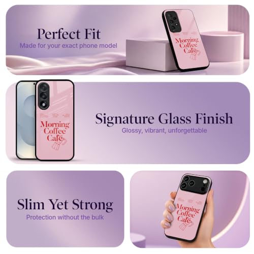 Image of Stylish Designer Glass Case Compatible with Samsung Galaxy S23 FE 5G Back Cover for Women & Girls | Pink Morning Coffee Cafe, Glossy & Scratch-Resistant Finish