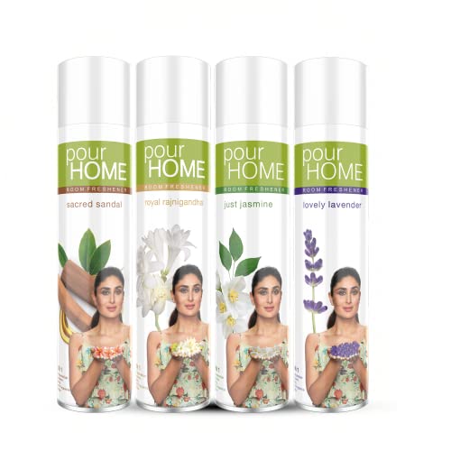 Image of POUR HOME Sacred Sandal, Rajni Gandha, Jasmine & Lavender Room Air Freshener Spray - 220ML Each (Combo of 4) | Long-Lasting Fragrance - Reduces Odours - Suitable for Home & Office