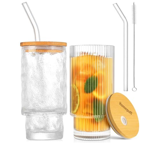 Image of Home Puff Glass Tumbler with Bamboo Lid & Reusable Straw Set | 2-Pack Drinking Glasses with Cleaning Brush | Leakproof Wooden Lid, Durable Clear Glass Cups for Juice, Coffee, Smoothies & Iced Drinks