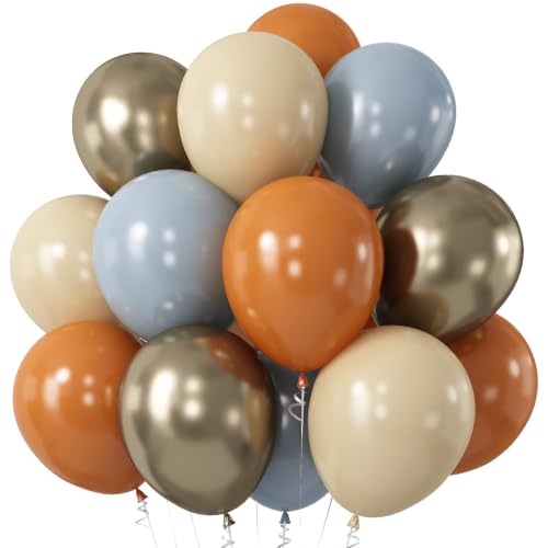 Image of Burnt Orange and Blue Fall Balloons, Retro Dusty Blue Orange Nude Balloon | Metallic Light Gold Thanksgiving Balloons for Boho Autumn Harvest Market Baby Shower Here Comes the Son Party Decorations