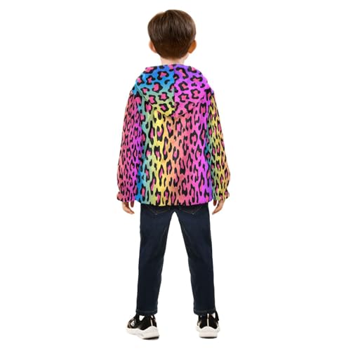 Neon Rainbow Leopard Print Toddler Fleece Jacket Girl Boys Hooded Fleece Jacket Coat Warm Outwear Zip-up 3-10T4