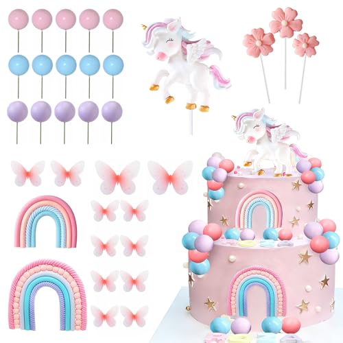 yolzhxe 33 Pièces Décoration de Gâteau Licorne, 3D Decoration Gateau Anniversaire Comprend des Licornes, des Arcs-en-ciel, des Papillons, etc pour les...