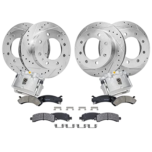 Image of Detroit Axle - Brake Kit for 2006-2016 Chevy GMC Express Savana 2500, 2003-2020 Express Savana 3500, Front & Rear Drilled & Slotted Brake Rotors Ceramic Brakes Pads Rear Brake Calipers Replacement