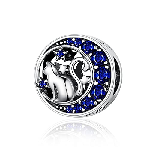 Abalorio Charm de plata de ley 925 con diseño de luna y gato para pulsera Pandora