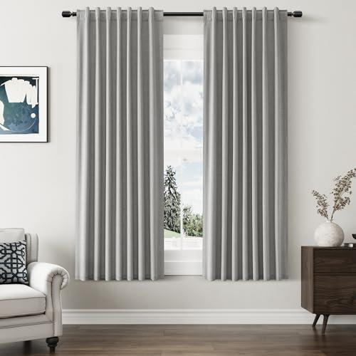 Guken 100% Blackout Linen Curtains 63 Inch Long for Bedroom Dark Grey
