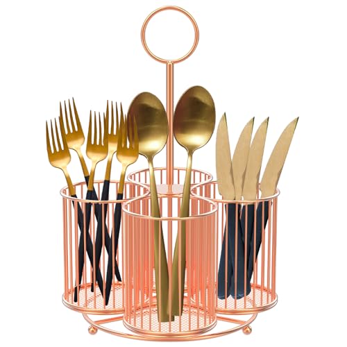 Porte Ustensiles Organiseurs Rotatif à 360 °, 4 Compartiments Rangement en Métal pour Ustensiles Organiseur avec Poignée, Multifonction Porte-ustensiles de Cuisine pour Comptoir(Rose Champagne)