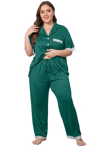 Image of Vozanet Women Short Sleeve Long Pants Pajama Sets Lace Trim Button Down Sleepwear Plus Size Knit Loungewear Sexy Nighty