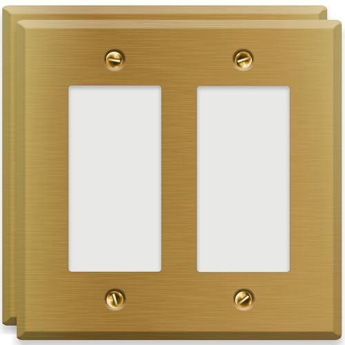 Satin Brass Rocker Switch Wall Plate, 1-Gang, Standard Size, Heavy-Duty Metal, GFCI/Rocker Outlet Cover, UL Listed Decorative Light Switch Cover, Made in USA, Screw Mount, Satin Finish (2, 2-Gang)