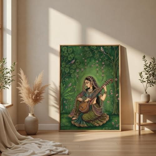 Image of Livin'luxe Indian Classical Musician Lady Wall Art with Wooden Frame | Traditional Folk HD UV Laminated Print on MDF | Vintage Cultural Painting for Living Room Bedroom Decor 13.5 x 19.5 Inch